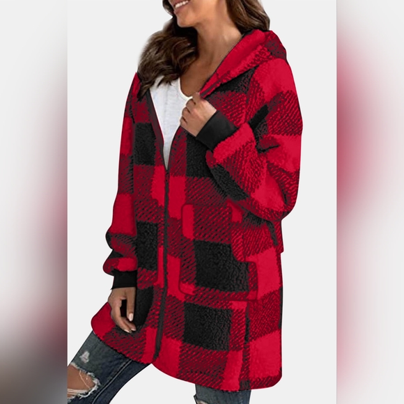 Double Take Full Size Plaid Long Sleeve Hooded Zip Up Coat NWT - Picture 3 of 3